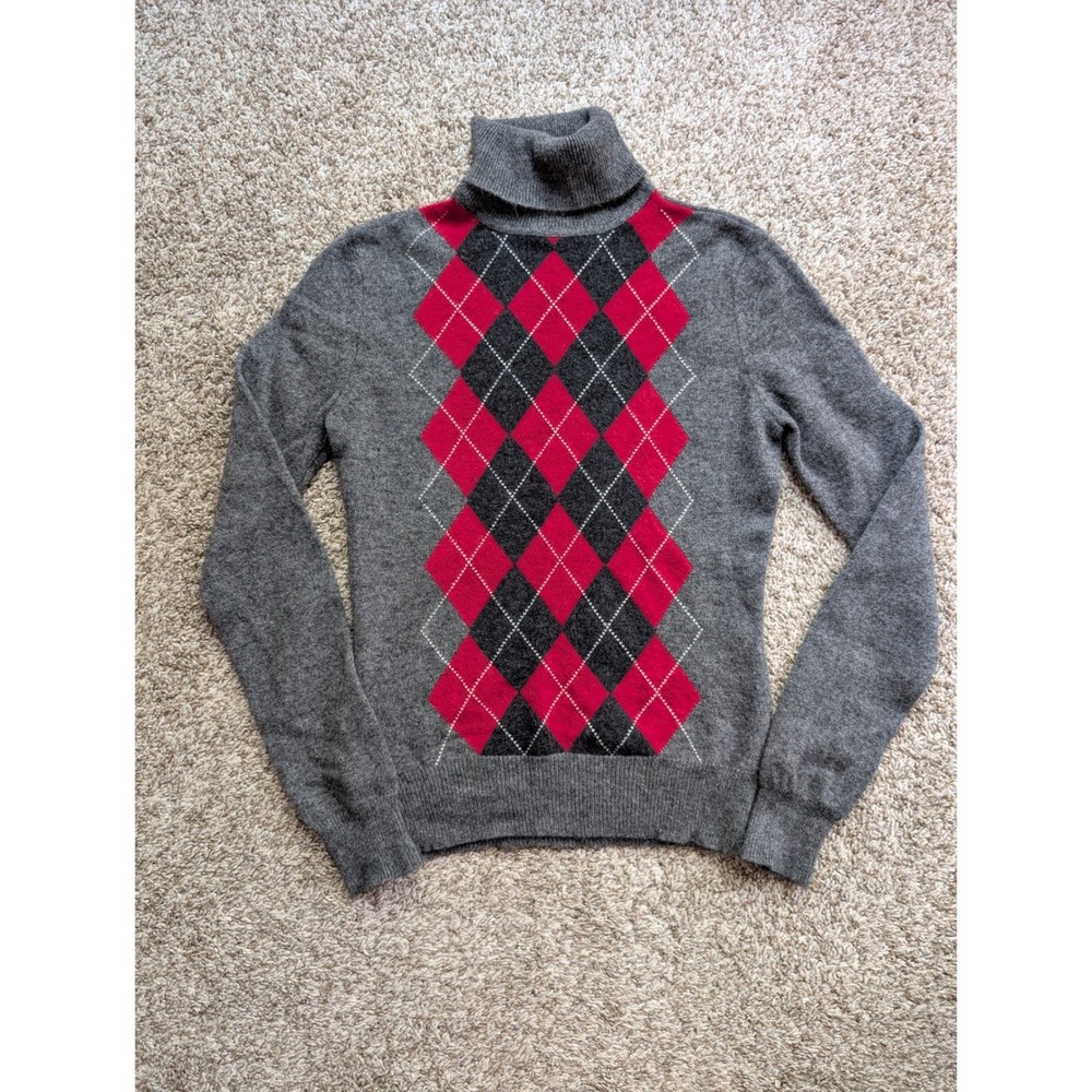 Apt. 9 Womens Grey Red Argyle‎ 100% Cashmere Turtleneck Sweater Small Soft Knit